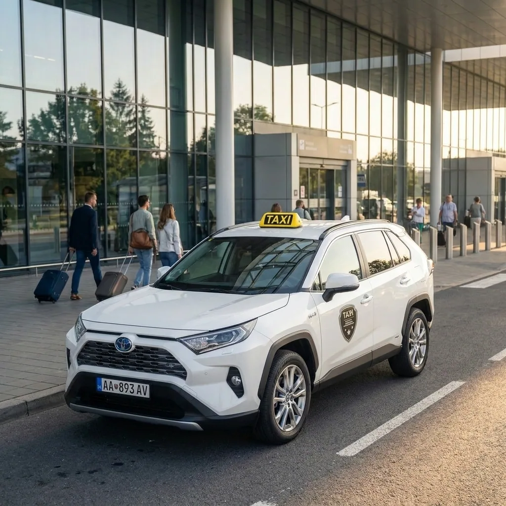 White Toyota RAV4 taxi waiting by a modern terminal