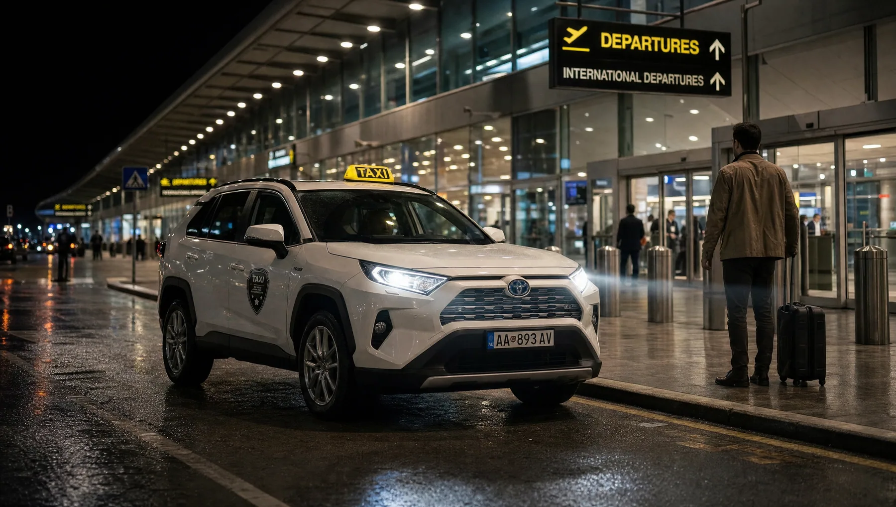White Toyota RAV4 taxi at night in front of an international departures terminal