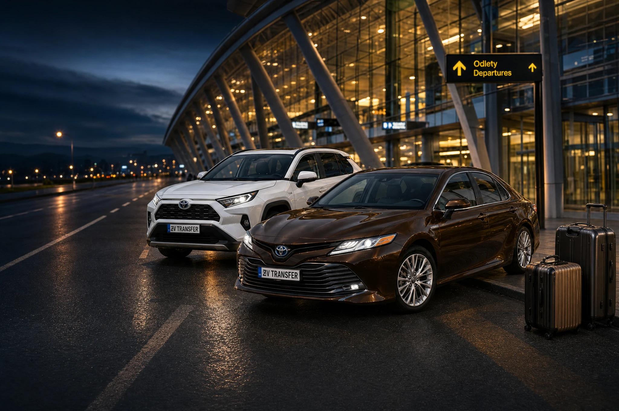 Toyota Camry a RAV4 pred letiskovým terminálom v noci